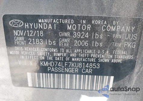 2019 Hyundai Elantra Se from USA, damaged, VIN KMHD74LF7KU814853